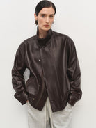 MSBEAST Suede Paneled Sheepskin Jacket in Brown - On Female Model