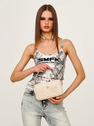 SMFK Small Croc Embossed Leather Shoulder Bag in White - On Female Model
