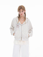THELIGHT OFFICIAL Floral Zip Up Hoodie in Gray - On Female Model
