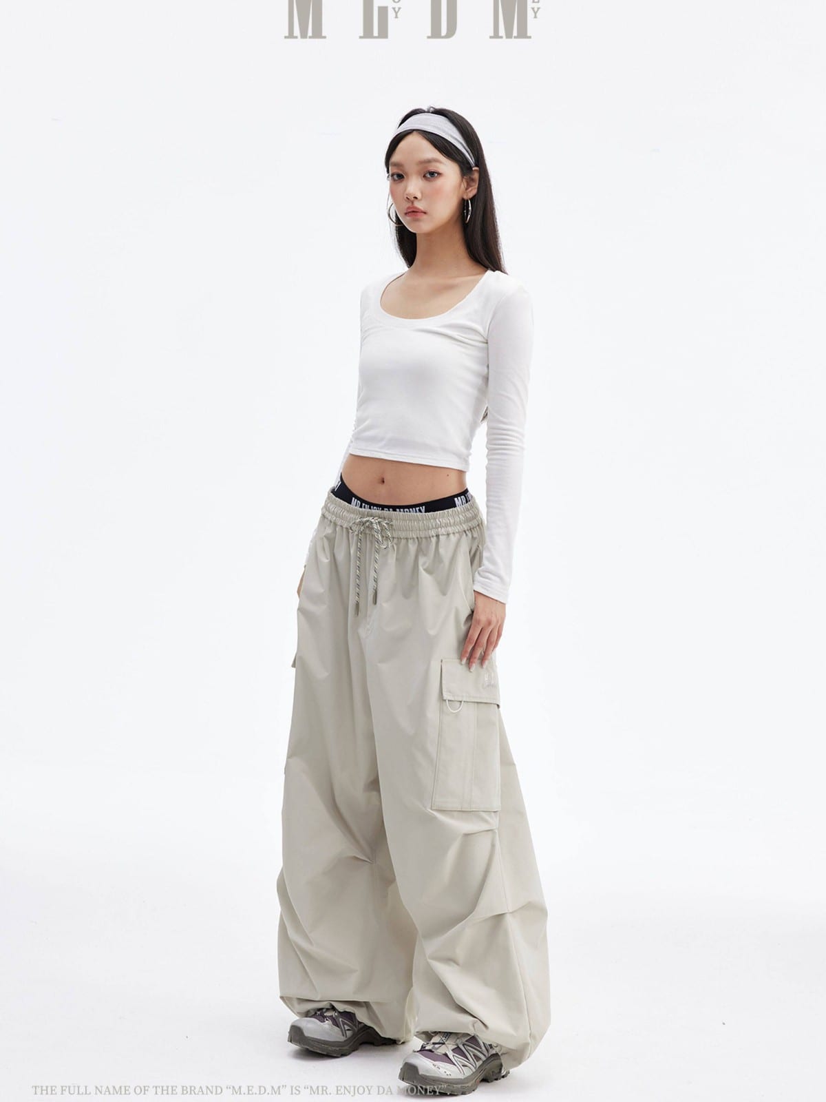 MEDM Multi Pocket Parachute Cargo Pants in Gray - On Female Model