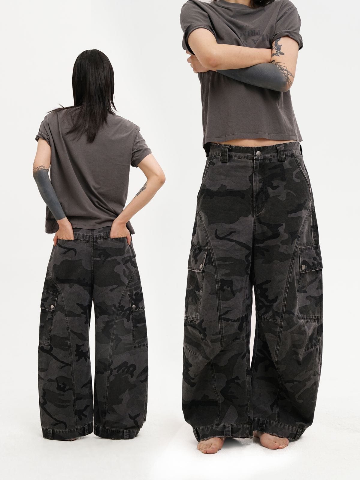 MASONPRINCE Curved Leg Camouflage Cargo Pants in Black - On Model
