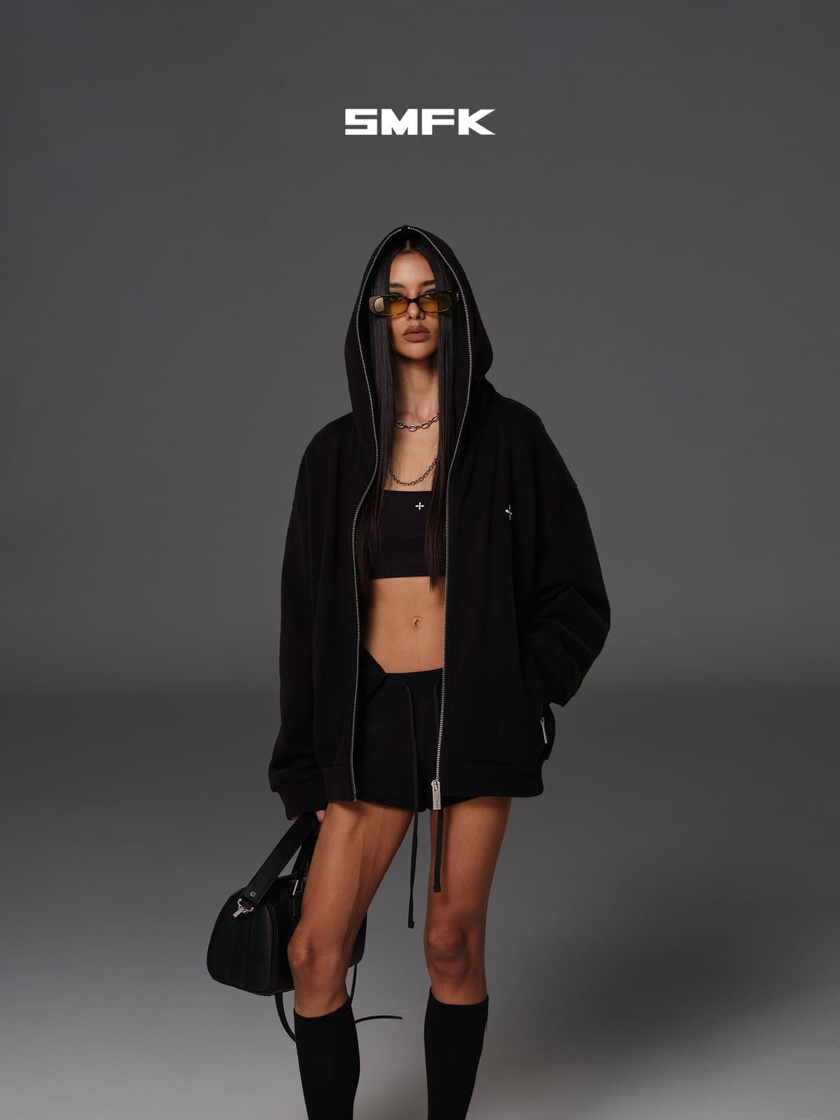 SMFK Cotton Wool Oversized Zip Up Hoodie in Black - On Female Model
