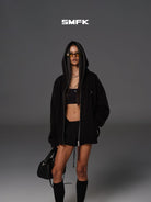 SMFK Cotton Wool Oversized Zip Up Hoodie in Black - On Female Model