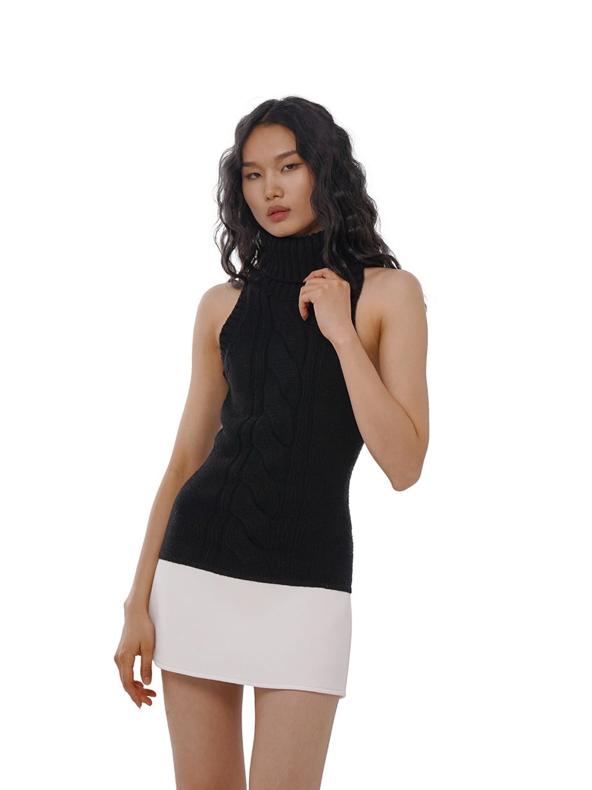 SweetChilling Paneled Cable Knit Turtleneck Dress in Black - On Female Model