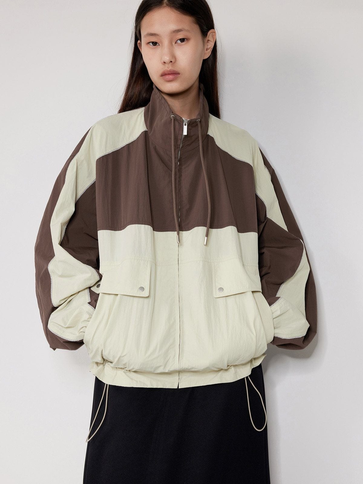Random Piece Color Block Stand Collar Jacket in Brown - On Female Model