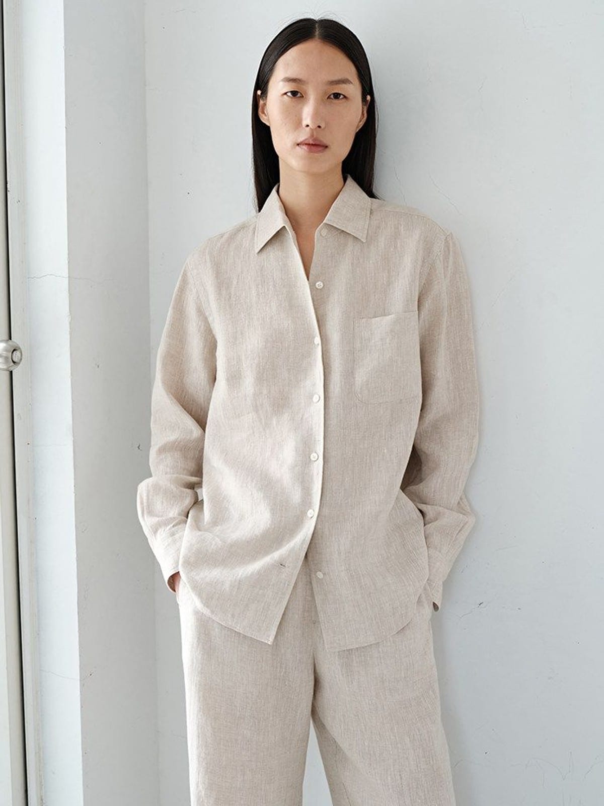 MSBEAST Linen Button Up Shirt Shorts Set in Beige - On Female Model