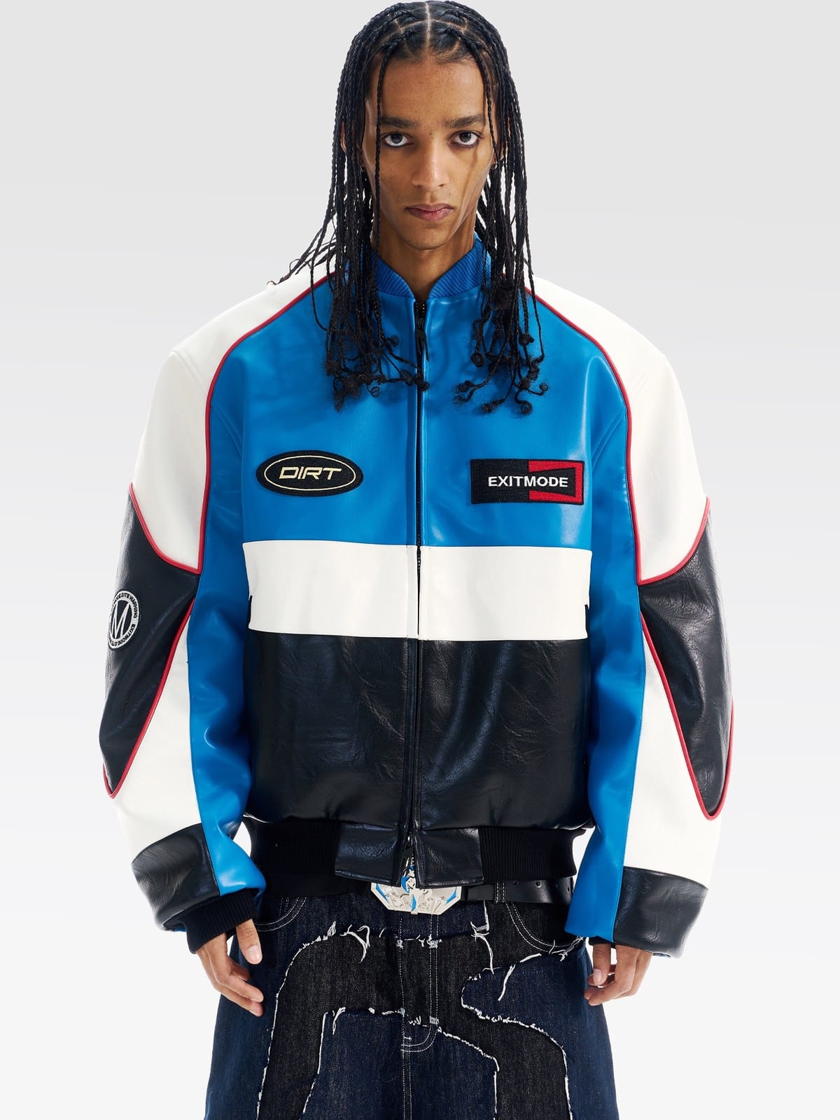 BLINDNOPLAN Color Block Faux Leather Padded Jacket in Blue - On Male Model
