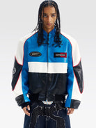 BLINDNOPLAN Color Block Faux Leather Padded Jacket in Blue - On Male Model