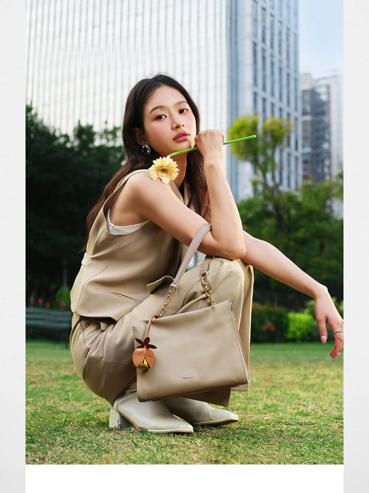HONGU Cowhide Leather Shoulder Bag in Beige - On Female Model