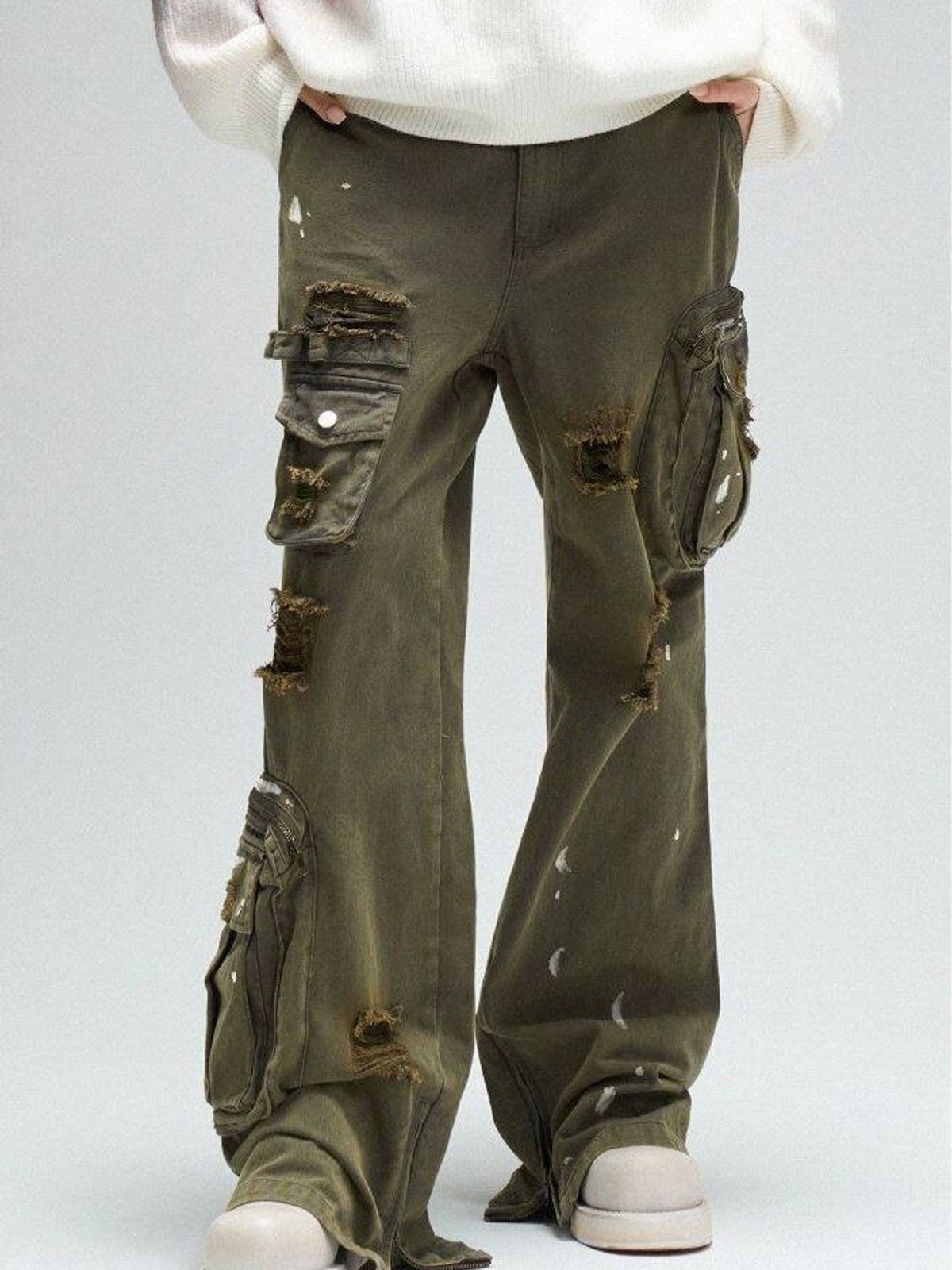 LOSTCTRL Distressed Multi Pocket Cargo Pants in Green - On Model