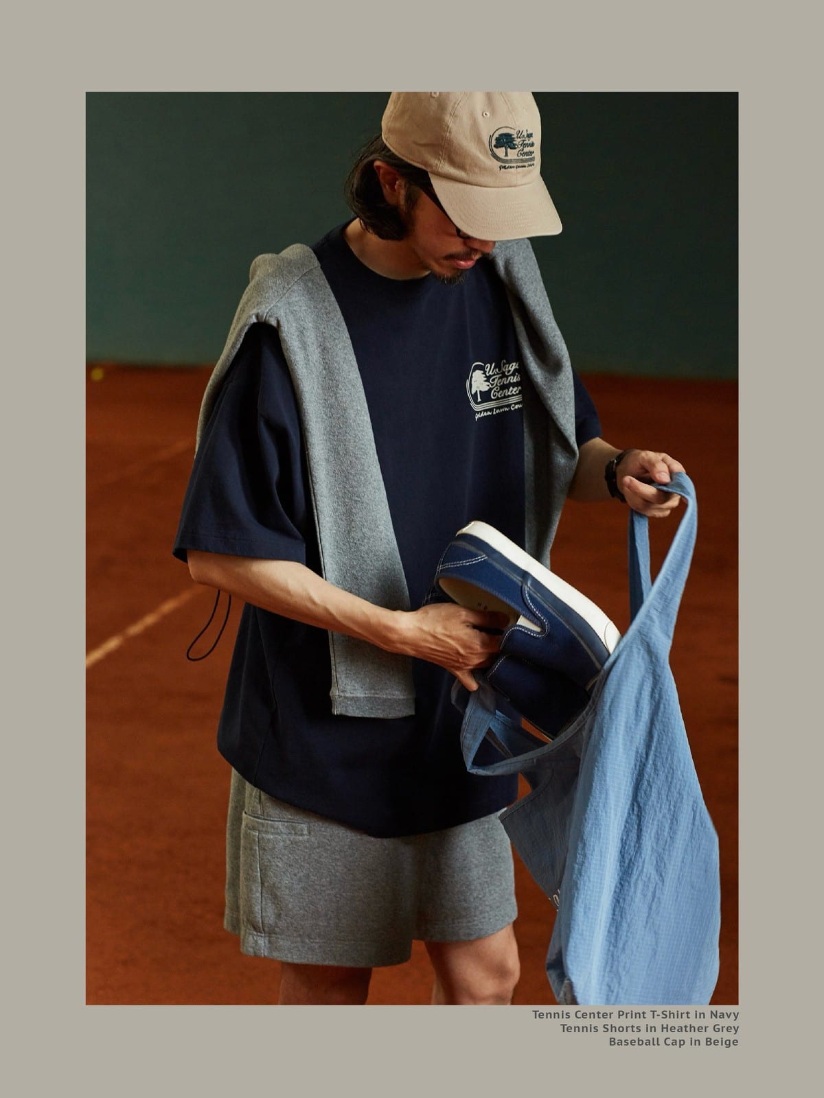 USAGE Retro Tennis Graphic Cotton T Shirt in Navy Blue - On Male Model