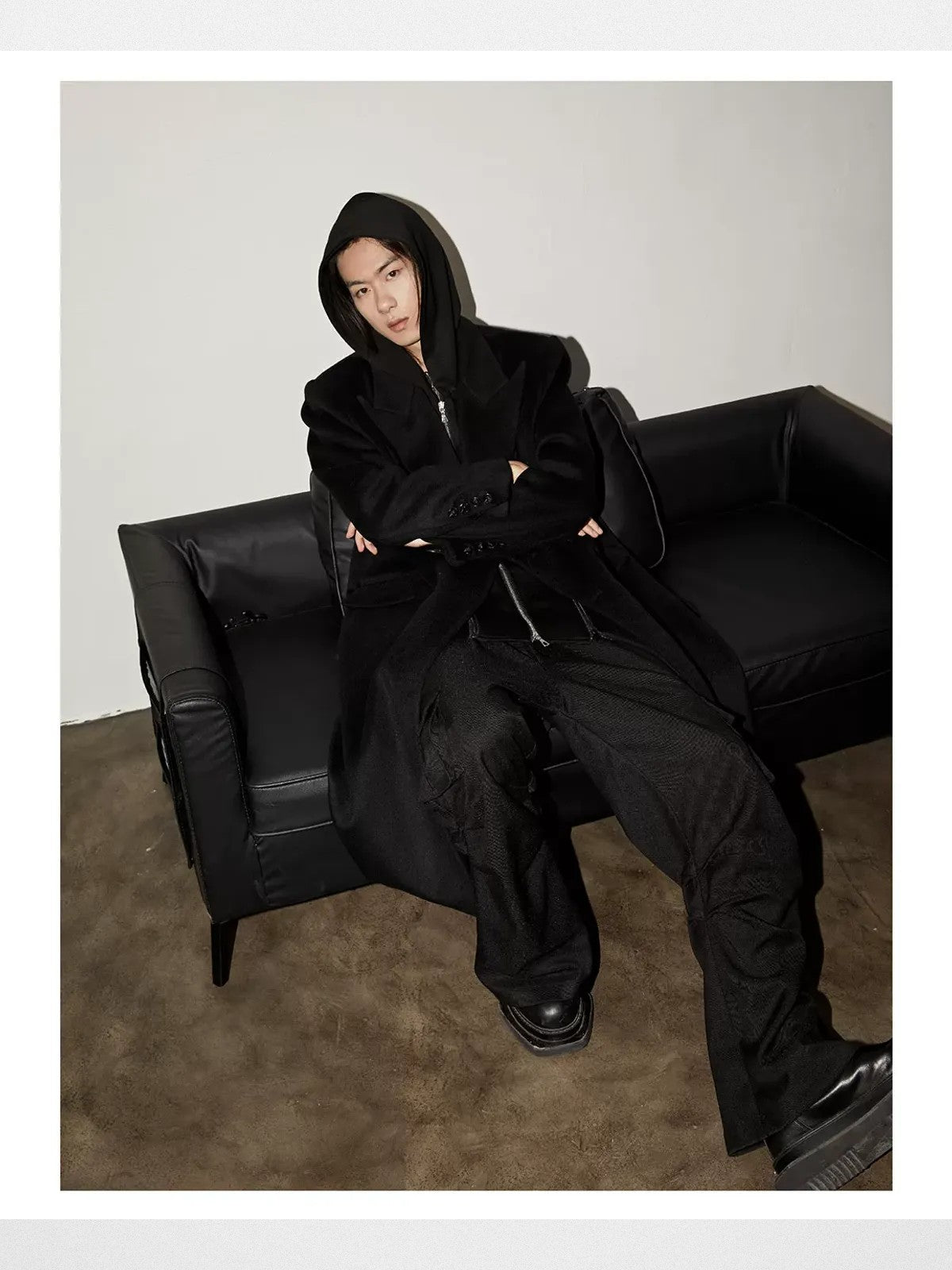 Y OFFICIAL Double Faced Wool Blend Hooded Coat in Black - On Male Model