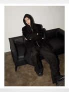 Y OFFICIAL Double Faced Wool Blend Hooded Coat in Black - On Male Model