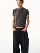 BLINDNOPLAN Embroidered Mock Two Piece T Shirt in Gray - On Female Model