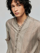 SIMPLE PROJECT Sheer Crinkled Plaid Ruffle Shirt in Khaki - On Male Model