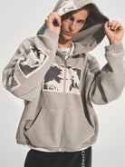 BASTARD Washed Applique Zip Up Hoodie in Gray - On Male Model