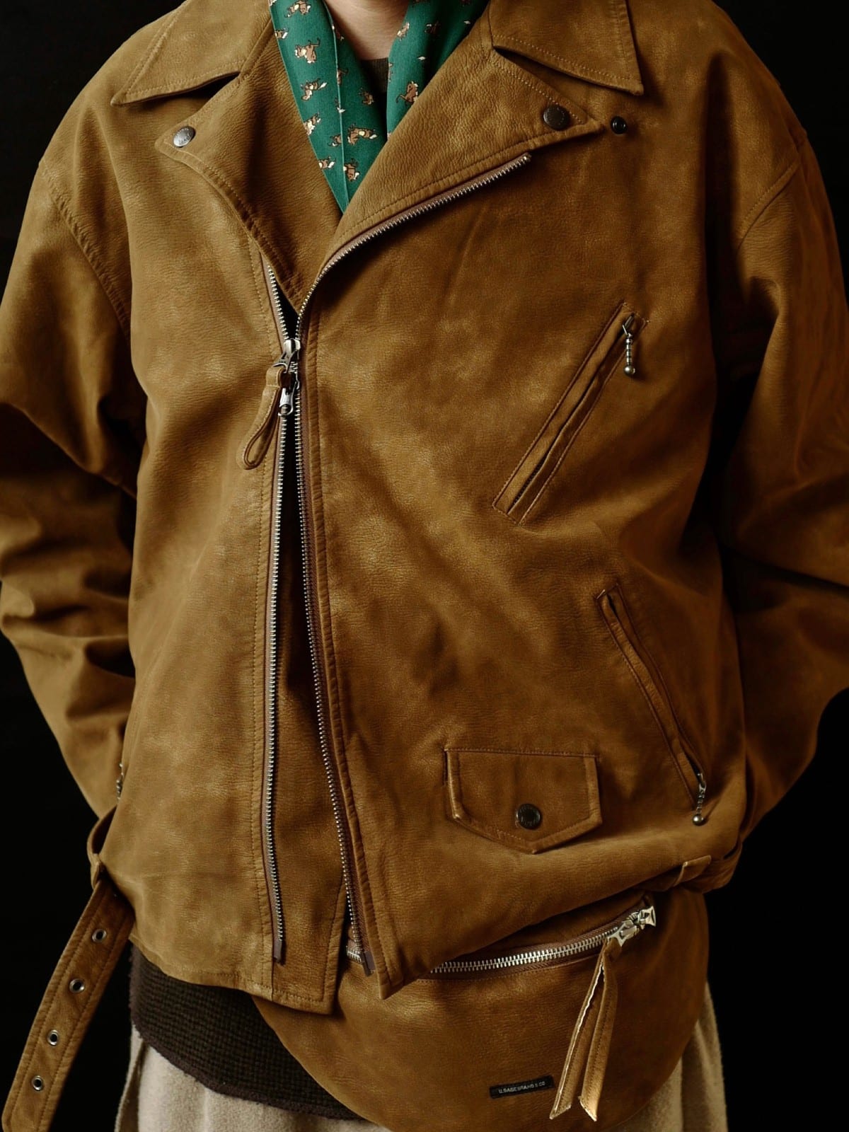 USAGE Distressed Faux Suede Moto Jacket in Brown - On Male Model