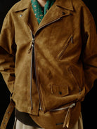 USAGE Distressed Faux Suede Moto Jacket in Brown - On Male Model