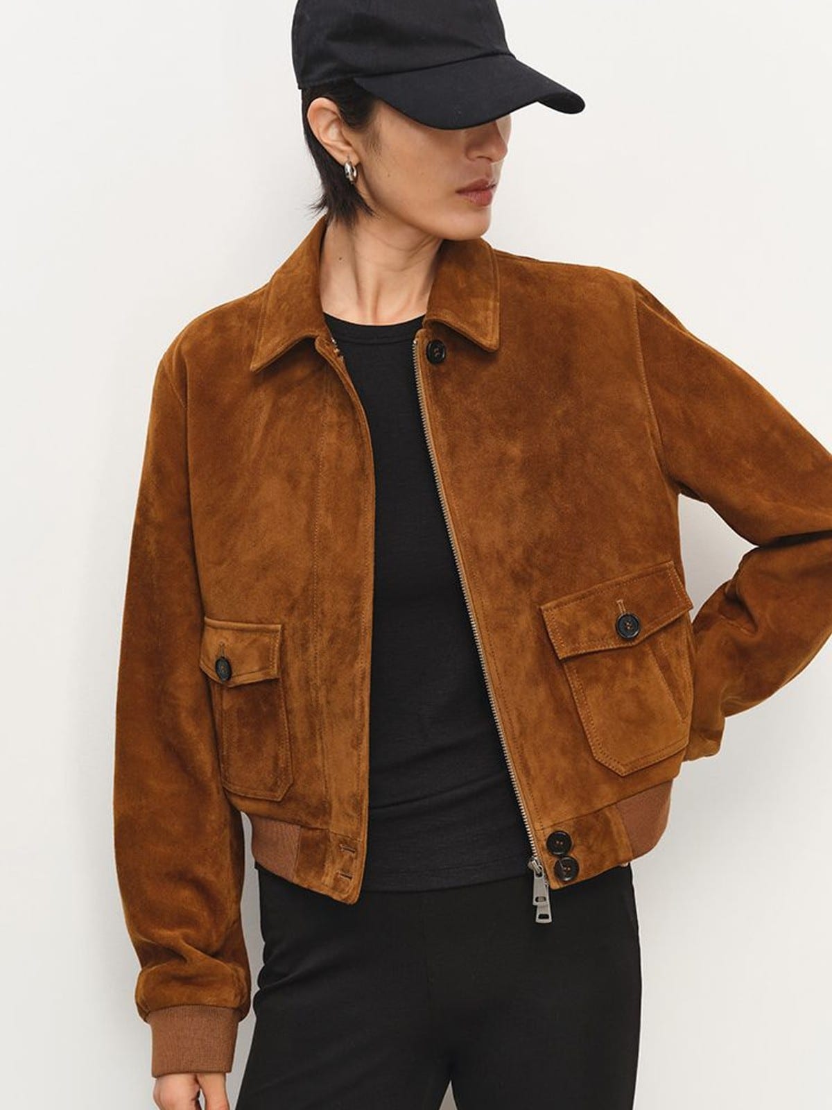 MSBEAST Cropped Suede Leather Jacket in Brown - On Female Model