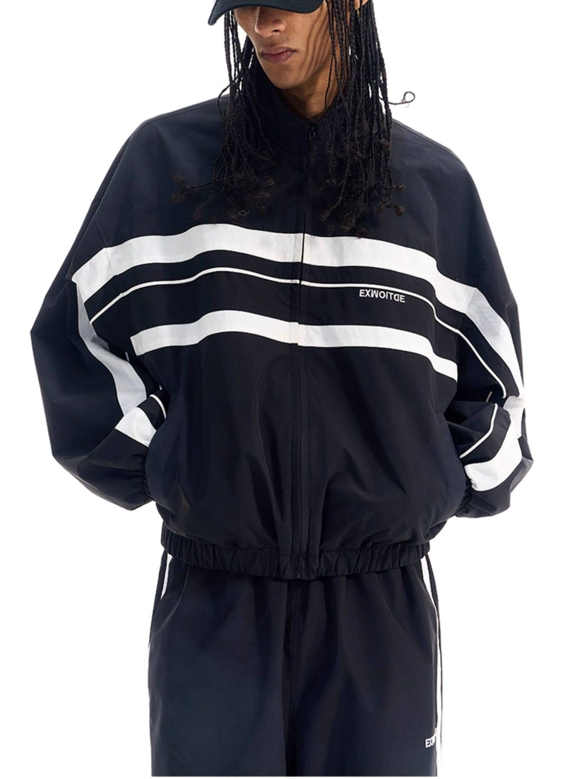 BLINDNOPLAN Color Blocked Zip Up Track Jacket in Black - On Male Model