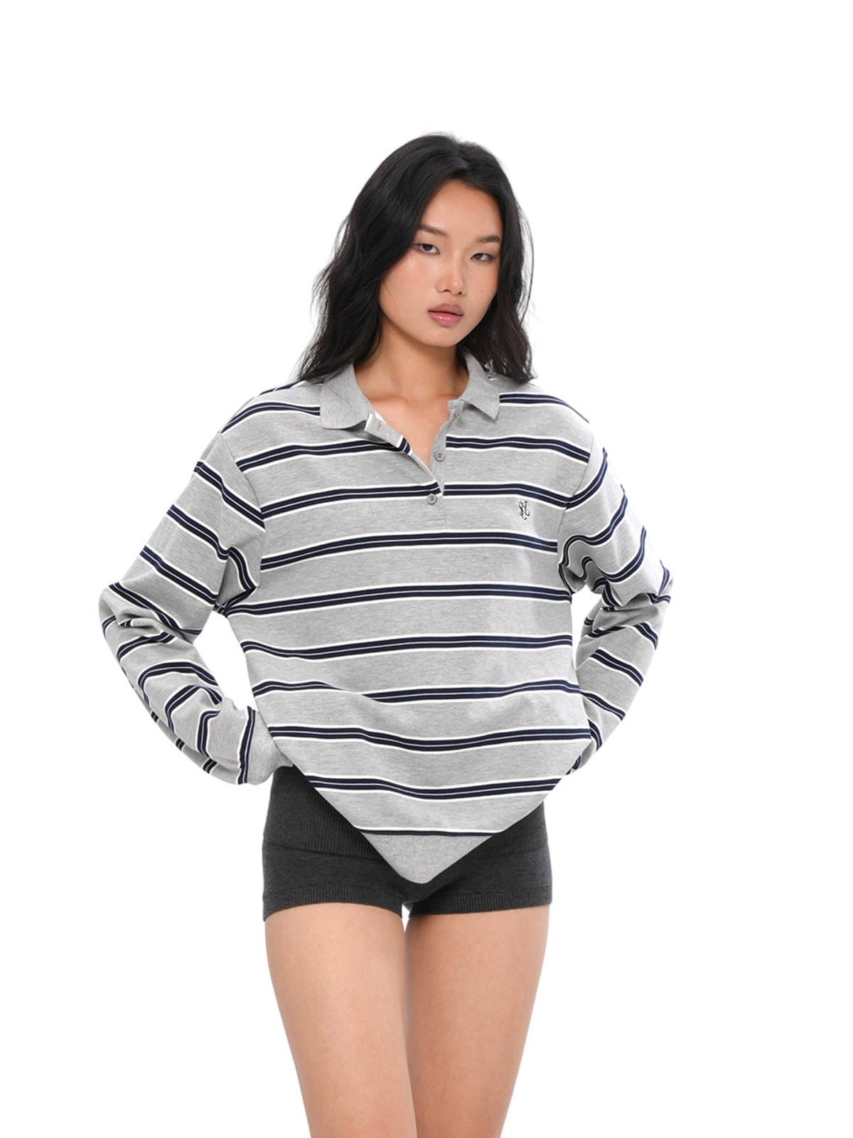 SweetChilling Striped Long Sleeve Polo Shirt in Gray - On Female Model