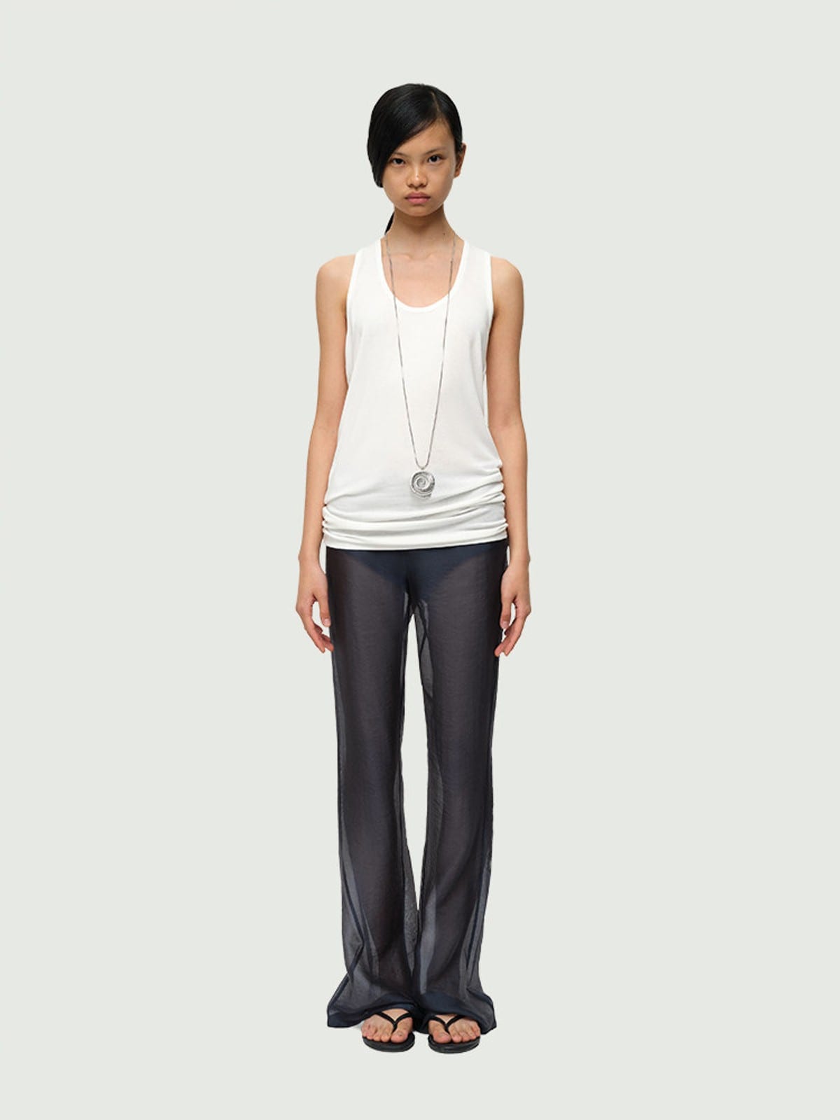 RARELY ALIKE Semi Sheer Mesh Flared Pants in Blue - On Female Model