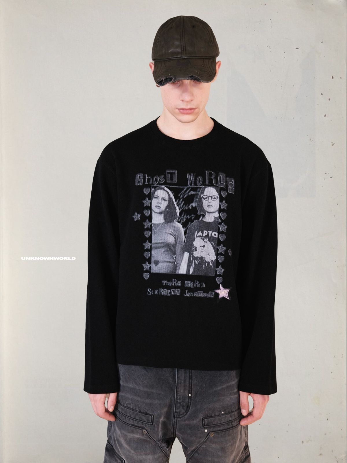 UNKNOWNWORLD Ghost World Graphic Waffle Knit Sweatshirt in Black - On Male Model