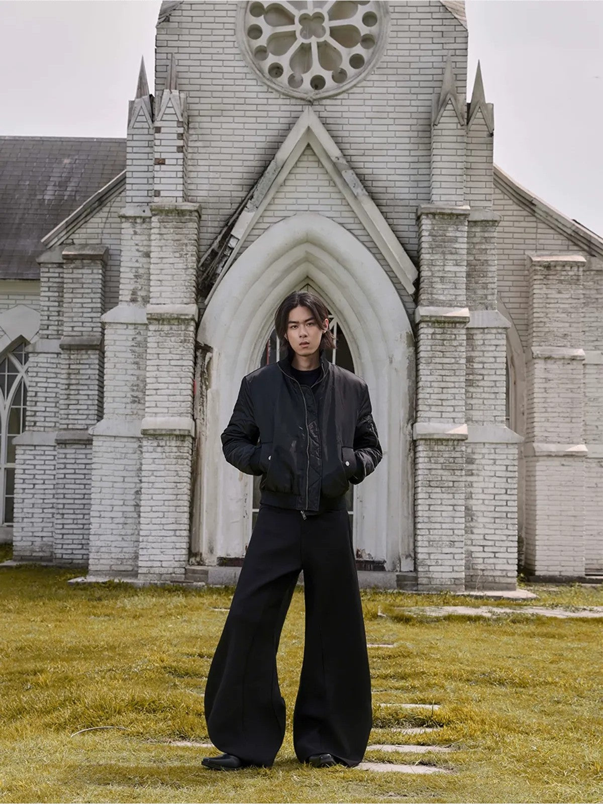 Y OFFICIAL High Neck Nylon Bomber Jacket in Black - On Male Model
