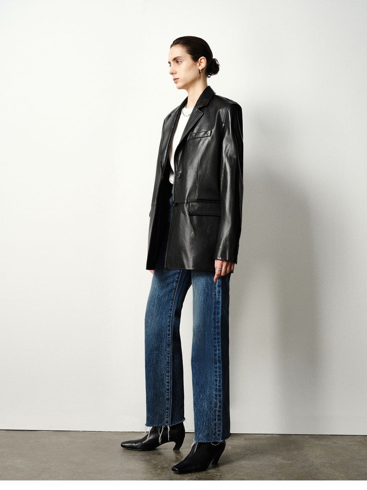 MSBEAST Vegetable Tanned Sheepskin Blazer in Black - On Female Model