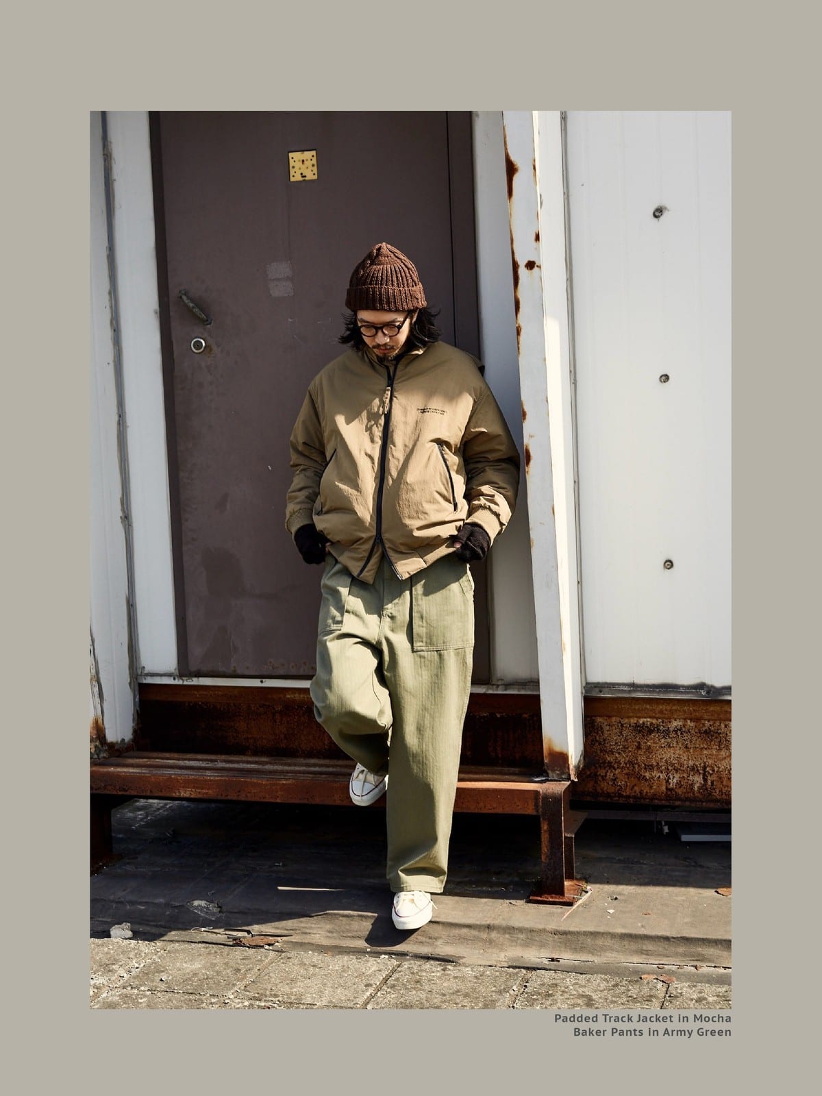 USAGE Heavyweight Herringbone Baker Pants in Olive - On Male Model