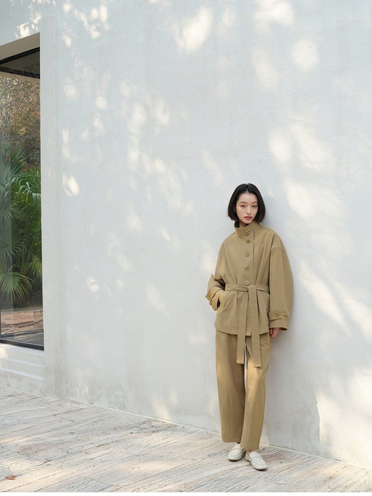 TEASEL Half Elastic Solotex Cocoon Pants in Beige - On Female Model