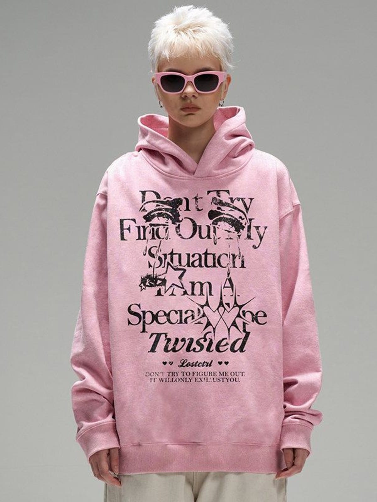 LOSTCTRL Graphic Print Fleece Hoodie in Pink - On Female Model