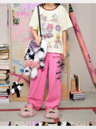 CFIERCE Cross Print Wide Leg Sweatpants in Pink - On Female Model