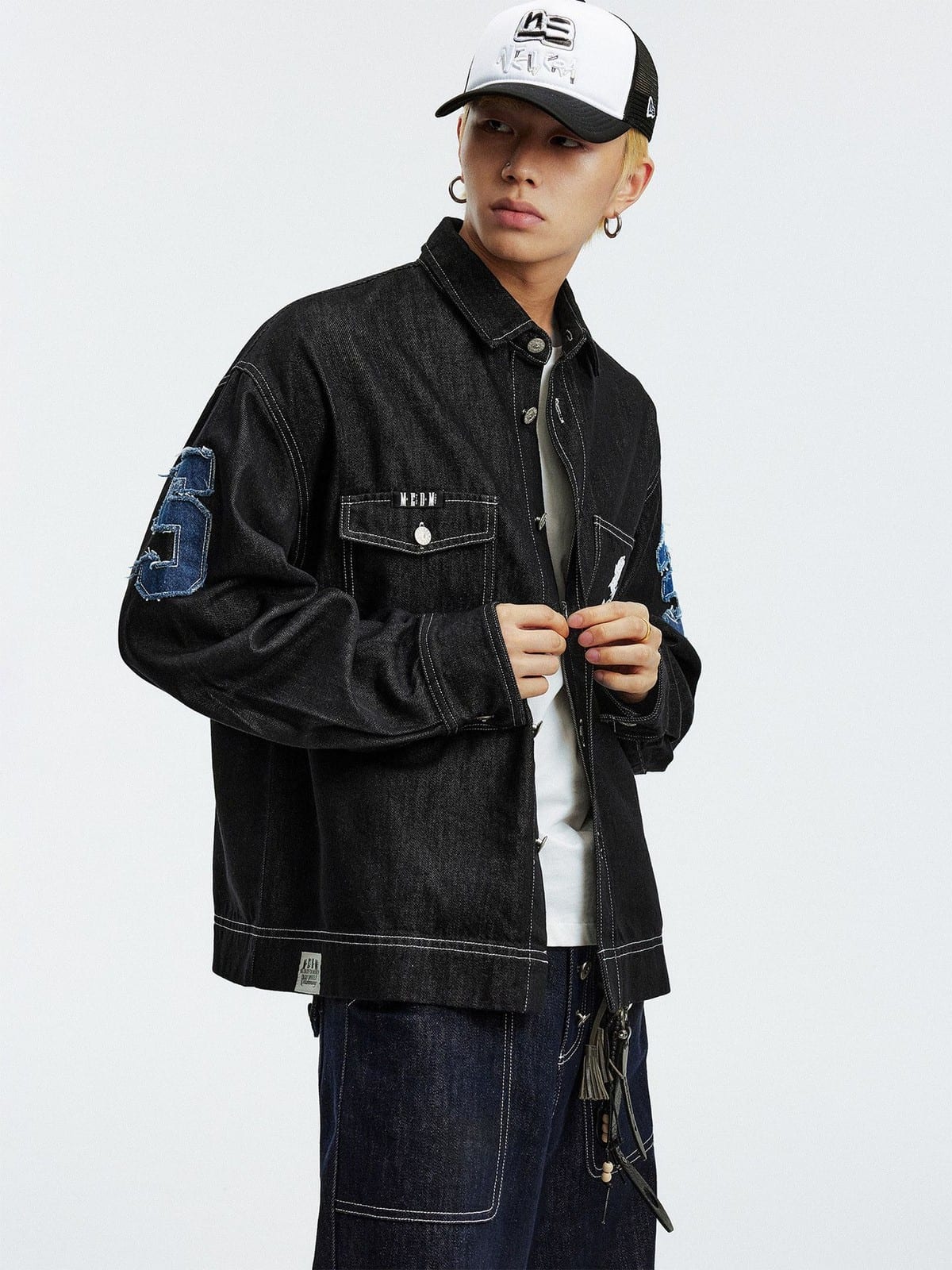 MEDM Lyocell Blend Logo Patch Denim Jacket in Denim - On Male Model