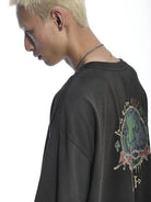 D5ove Distressed Yakitori Print T Shirt in Black - On Male Model
