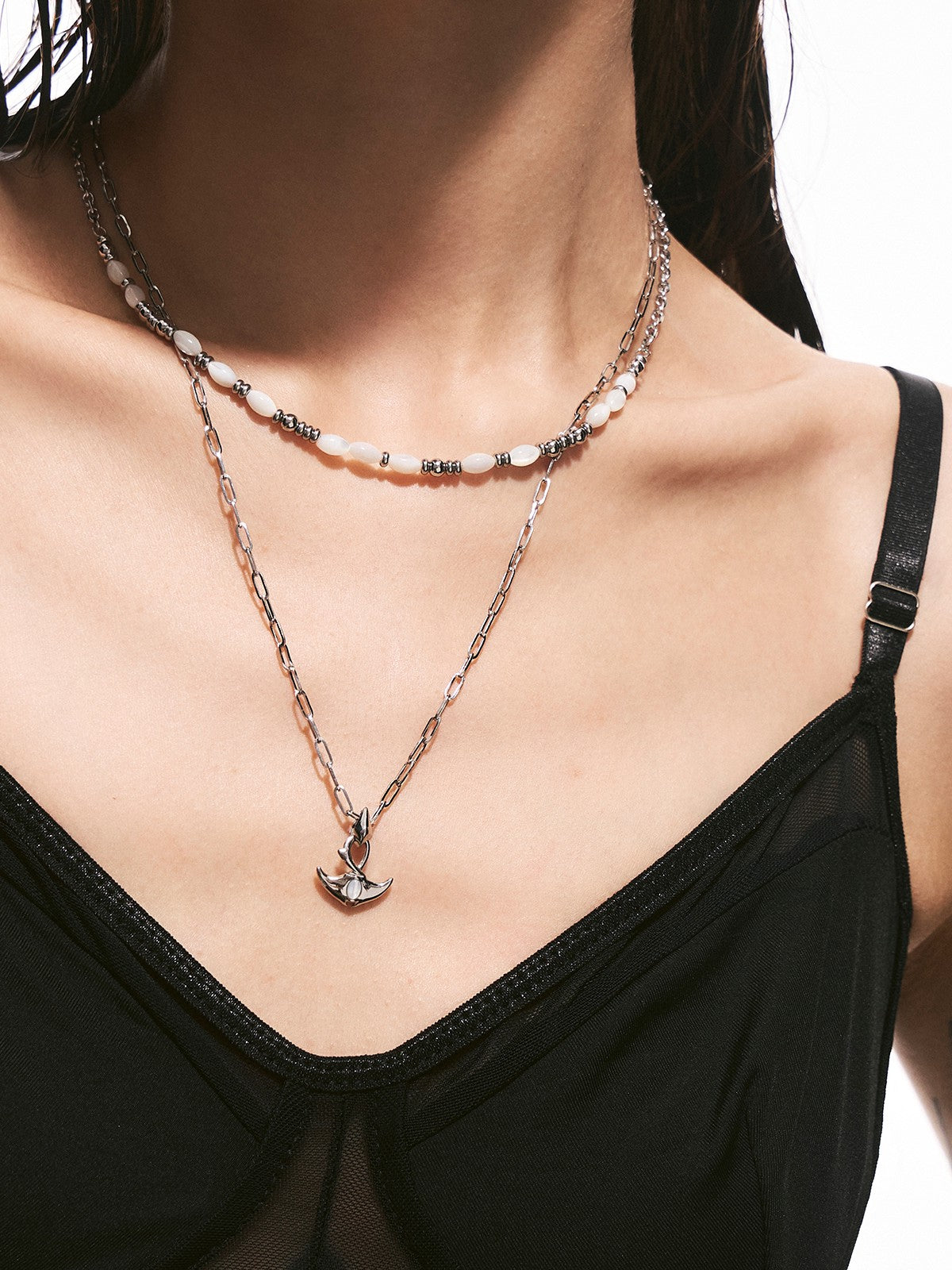 BLACKHEAD Double Layer Manta Ray Necklace in Silver - On Female Model