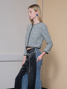 RARELY ALIKE Silver Sequin Tweed Cropped Jacket in Silver - On Female Model