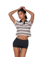 SweetChilling Textured Striped Cropped Polo in White - On Female Model
