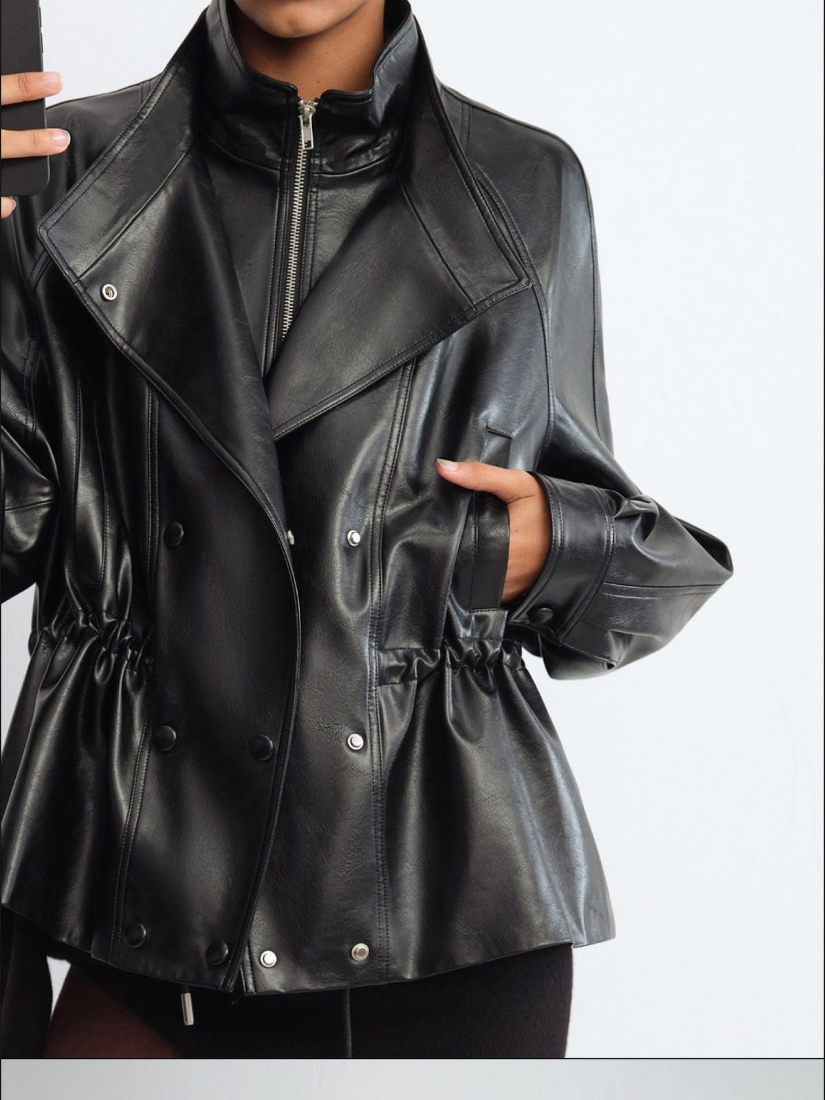 RARELY ALIKE Layered Drawstring Stand Collar Jacket in Black - On Female Model