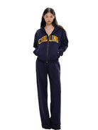 SweetChilling Applique Logo Zip Up Hoodie in Navy Blue - On Female Model
