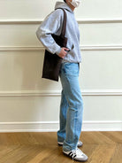 VLABMADE Ice Blue Raw Hem Straight Jeans in Blue - On Male Model