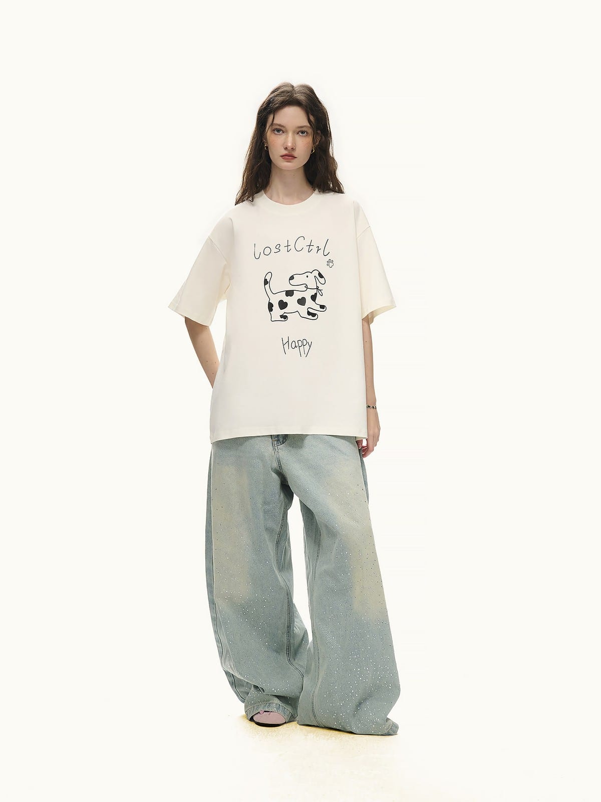 LOSTCTRL Spotted Dog Graphic Crewneck T Shirt in White - On Female Model