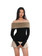 SweetChilling Fluffy Off the Shoulder Pleated Dress in Black - On Female Model