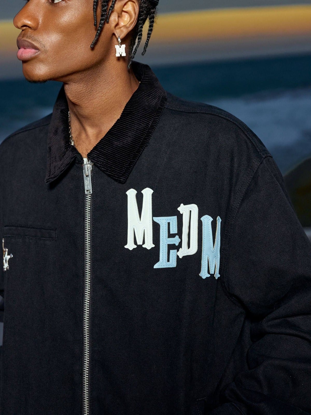 MEDM Leather Paneled Cotton Detroit Jacket in Black - On Male Model