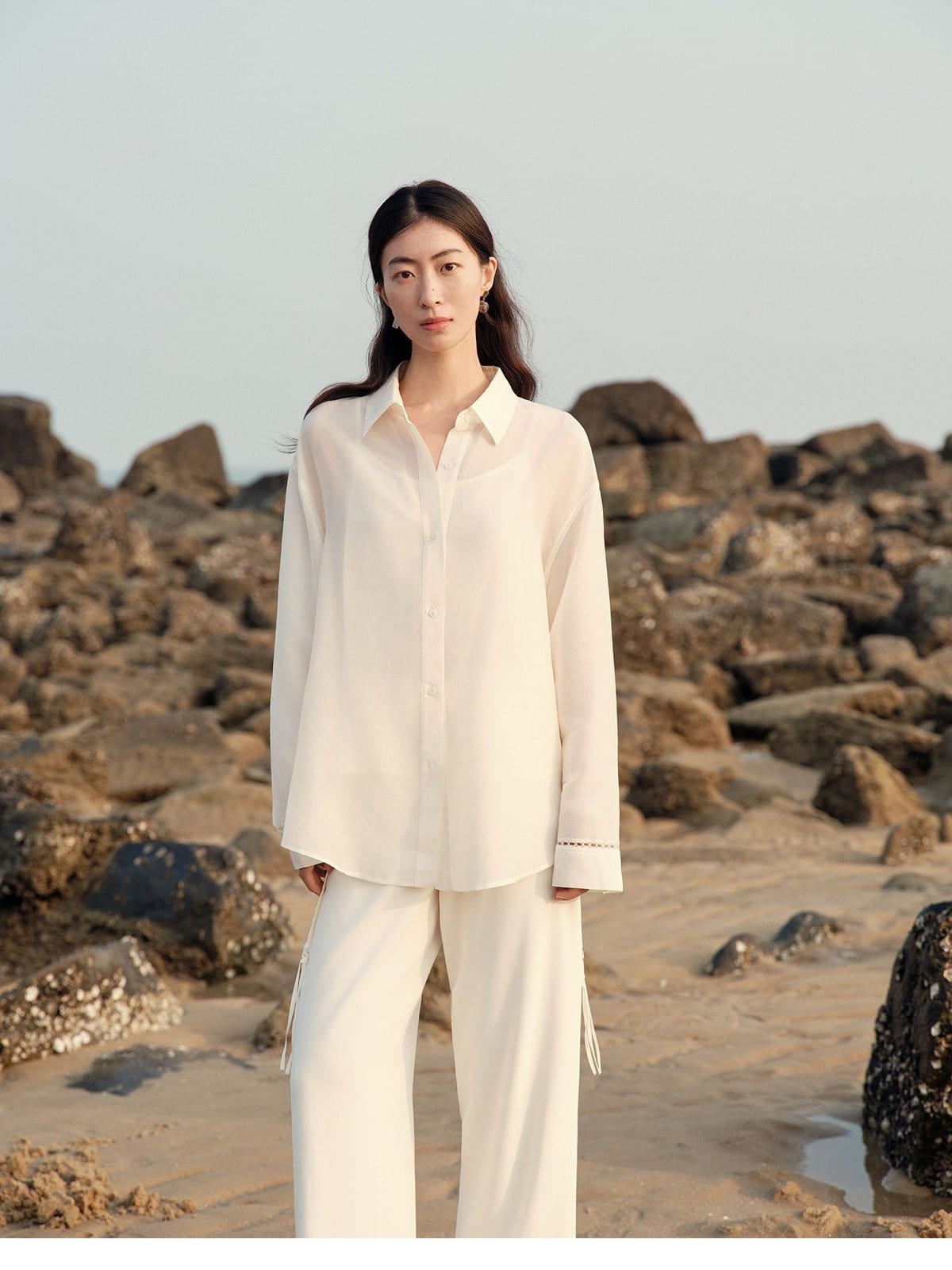 TEASEL Silk Blend Sheer Resort Shirt in White - On Female Model