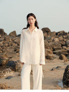 TEASEL Silk Blend Sheer Resort Shirt in White - On Female Model