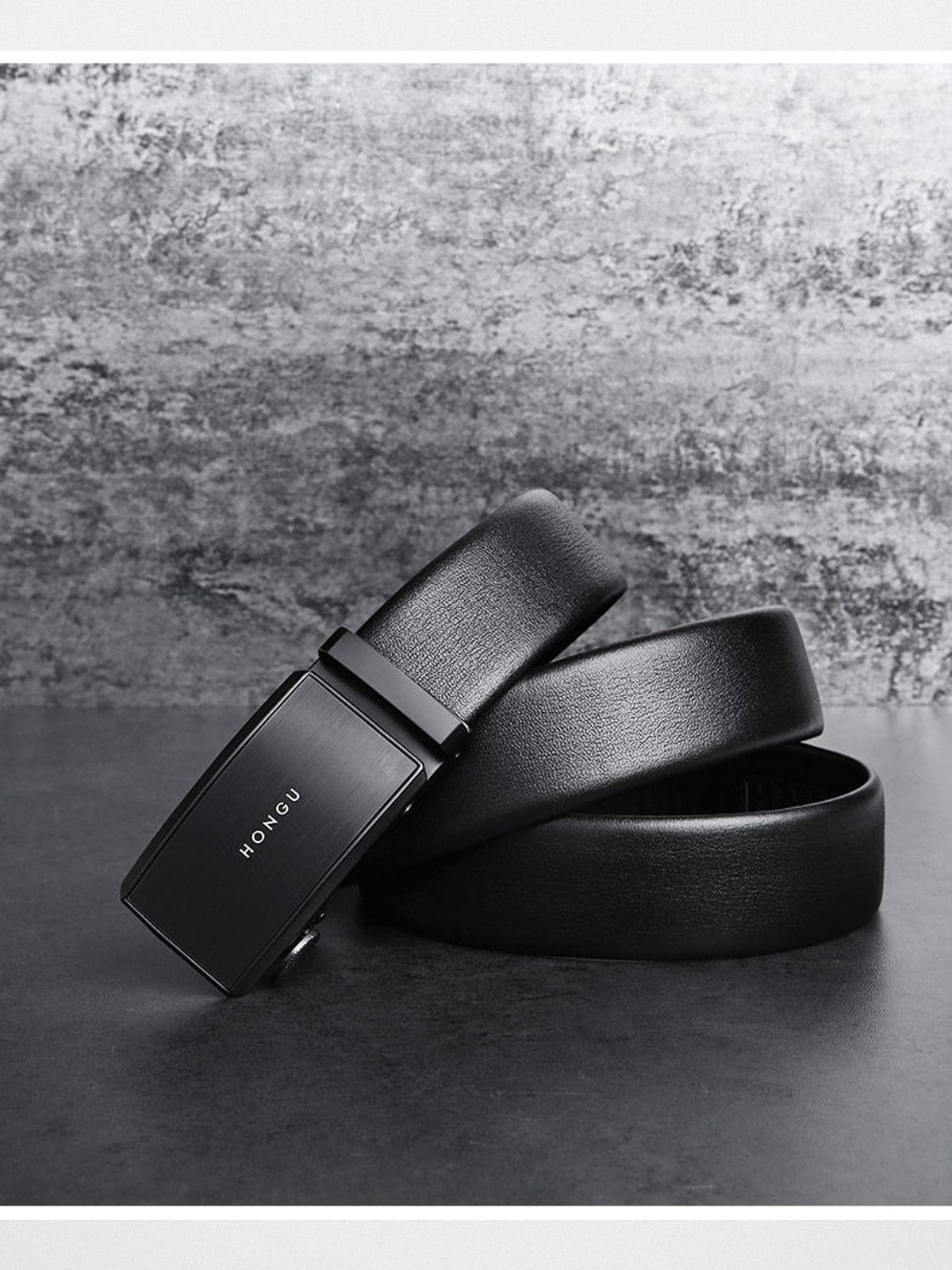 HONGU Automatic Buckle Cowhide Leather Belt in Black