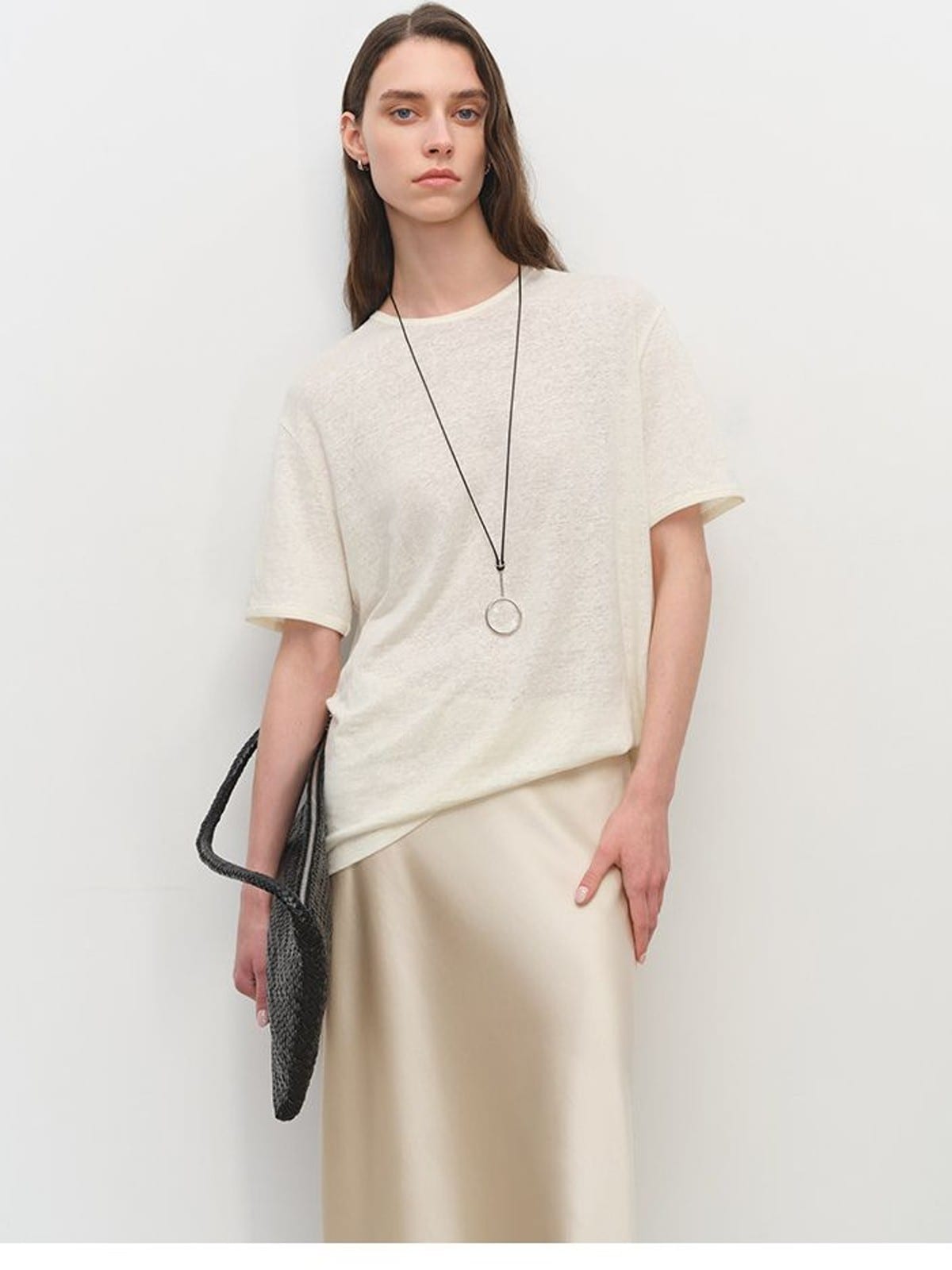 MSBEAST Sheer Linen Blend Crewneck T Shirt in White - On Female Model