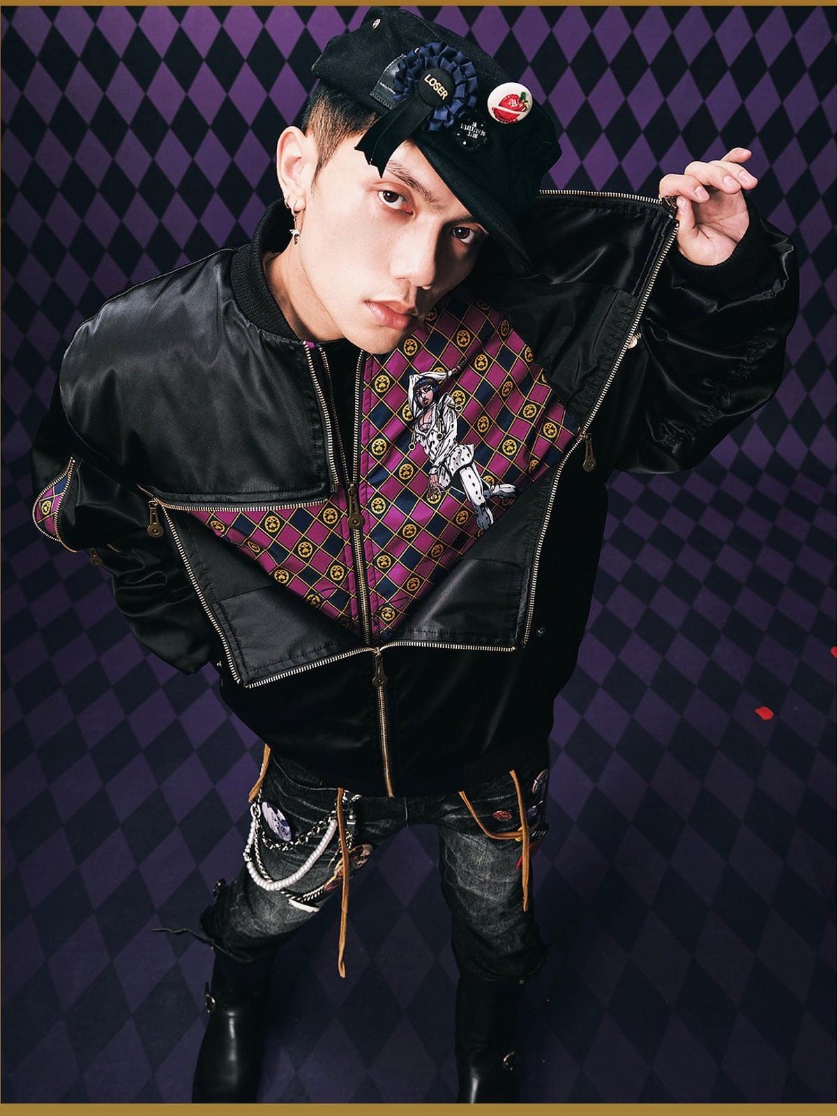 MEDM JoJo Collab Graphic Puffer Bomber in Black - On Male Model