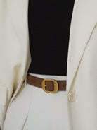 PANLULUPAN Suede Cowhide Belt with Matte Gold Buckle in Brown - On Female Model